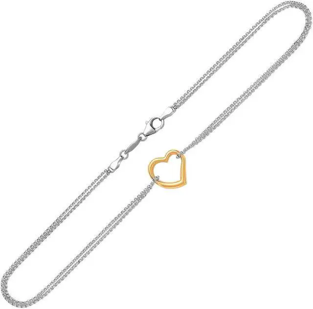 Main image of 14k Yellow Gold and Sterling Silver Anklet with a Single Open Heart Station