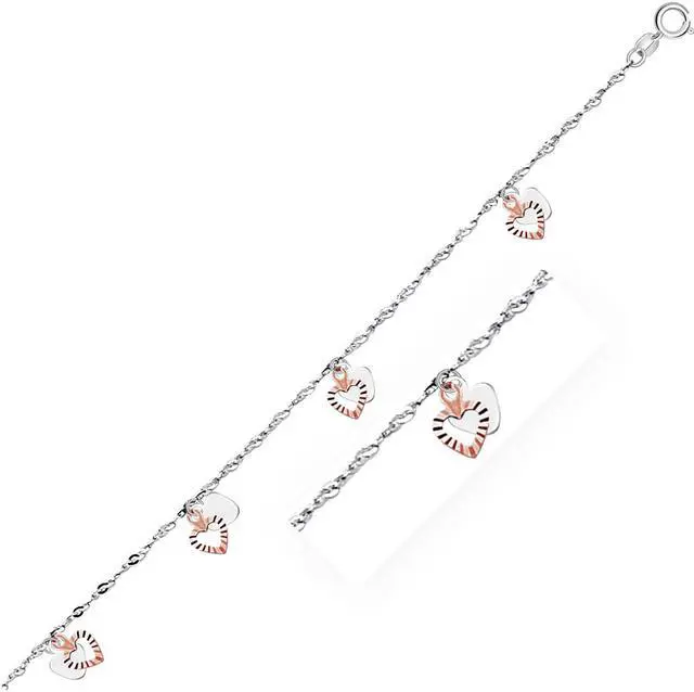 Main image of 14k White and Rose Gold Anklet with Dual Heart Charms