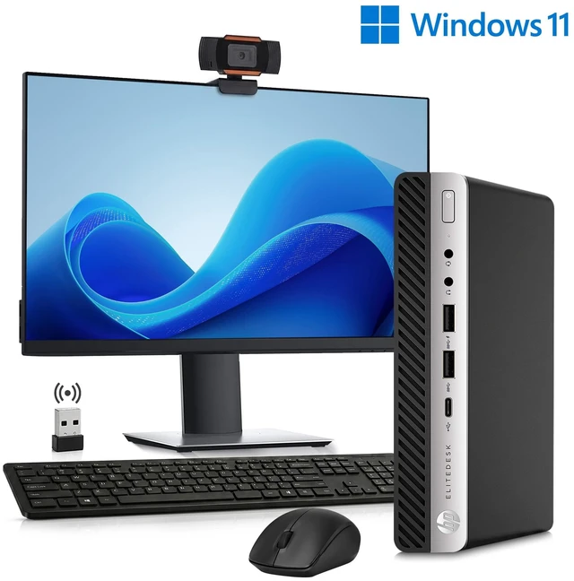 Main image of HP G4 705 Mini AMD Ryzen 5 PRO 2400GE up to 3.80 GHz | New 24" Full HD LED, 256GB SSD, 16GB DDR4 Ram Webcam, Wireless Keyboard & Mouse, Windows 11 Pro, Tiny Business PC