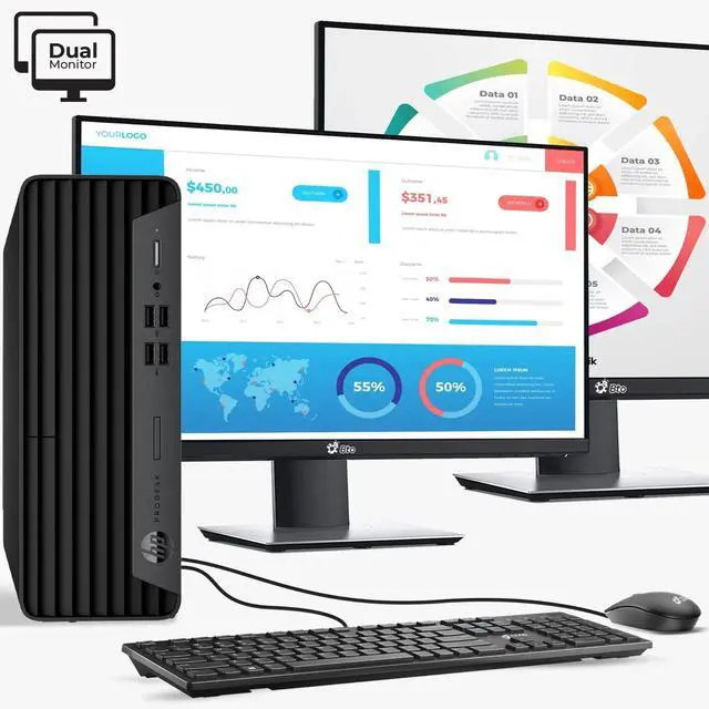 Main image of Restored HP ProDesk 600 G6 SFF Desktop - Business Desktop PC, Intel 6 Core i5-10th Gen - 16GB DDR4 RAM, 256GB NVMe SSD - 2x24" LED Monitor - Keyboard & Mouse, Wi-Fi, Win 11 Pro (Refurbished)
