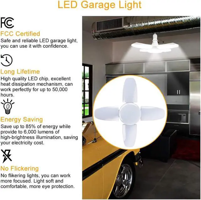 Alt view image 6 of 7 - LED Garage Light 2 Pack 60W E26 6000LM Deformable LED Garage Ceiling Lights 6500K Daylight White Garage LED Light with 4 Adjustable LED Panels, LED Garage Lights for Warehouse Workshop Basement Lights