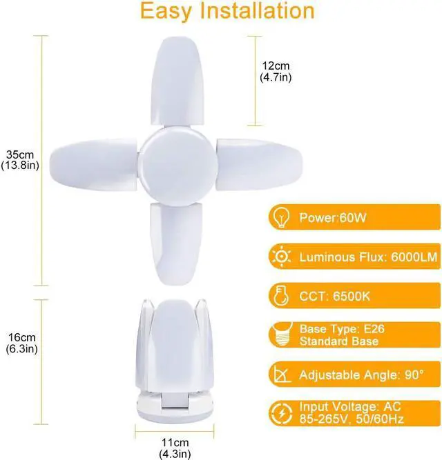 Alt view image 2 of 7 - LED Garage Light 2 Pack 60W E26 6000LM Deformable LED Garage Ceiling Lights 6500K Daylight White Garage LED Light with 4 Adjustable LED Panels, LED Garage Lights for Warehouse Workshop Basement Lights