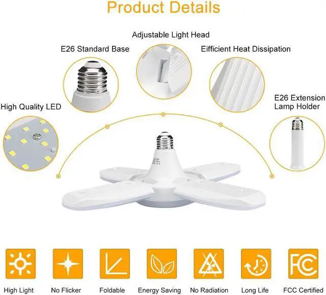 Alt view image 4 of 7 - LED Garage Light 2 Pack 60W E26 6000LM Deformable LED Garage Ceiling Lights 6500K Daylight White Garage LED Light with 4 Adjustable LED Panels, LED Garage Lights for Warehouse Workshop Basement Lights