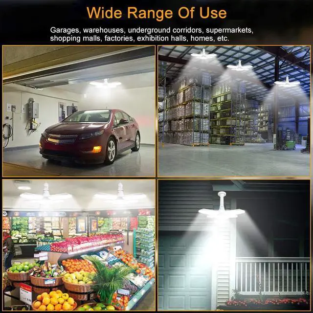 Alt view image 7 of 7 - LED Garage Light 2 Pack 60W E26 6000LM Deformable LED Garage Ceiling Lights 6500K Daylight White Garage LED Light with 4 Adjustable LED Panels, LED Garage Lights for Warehouse Workshop Basement Lights