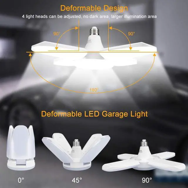 Alt view image 3 of 7 - LED Garage Light 2 Pack 60W E26 6000LM Deformable LED Garage Ceiling Lights 6500K Daylight White Garage LED Light with 4 Adjustable LED Panels, LED Garage Lights for Warehouse Workshop Basement Lights