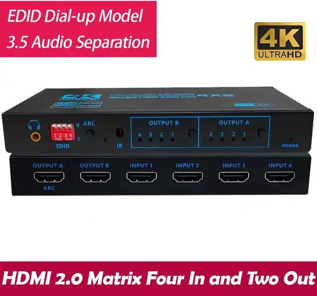 Alt view image 2 of 7 - Easyday HDMI2.0b matrix 4 in 2 out audio separation ARC 4K/60HZ EDID