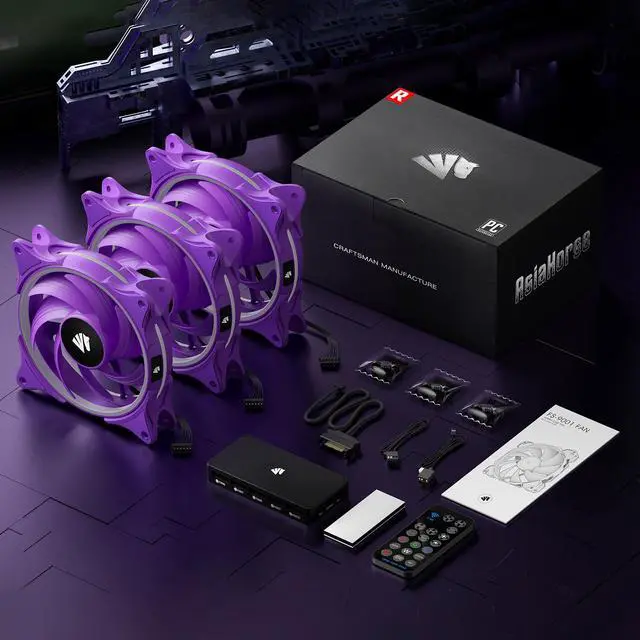 Alt view image 7 of 7 - Asiahorse FS-9001 120mm Triple Light Loop Silent 20 LED Addressable RGB Fan with 5V Motherboard Sync/Analog PWM Controller (Purple 3 pack )
