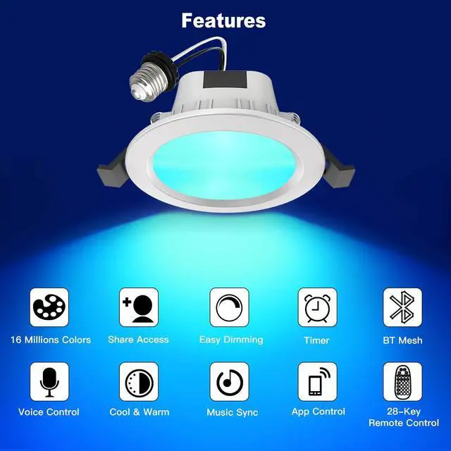 Alt view image 2 of 7 - MagicLight Smart Retrofit 3 Inch 5 Watts E26 LED Recessed Can Lights, 5 in 1 RGBCW Dimmable Multicolor Bluetooth Mesh App Control Smart LED Downlight
