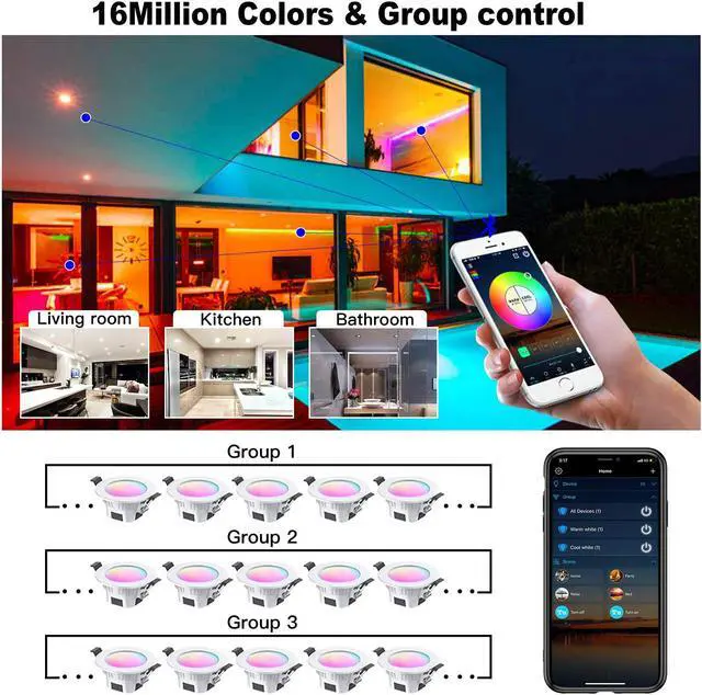 Alt view image 3 of 7 - MagicLight Smart Retrofit 3 Inch 5 Watts E26 LED Recessed Can Lights, 5 in 1 RGBCW Dimmable Multicolor Bluetooth Mesh App Control Smart LED Downlight