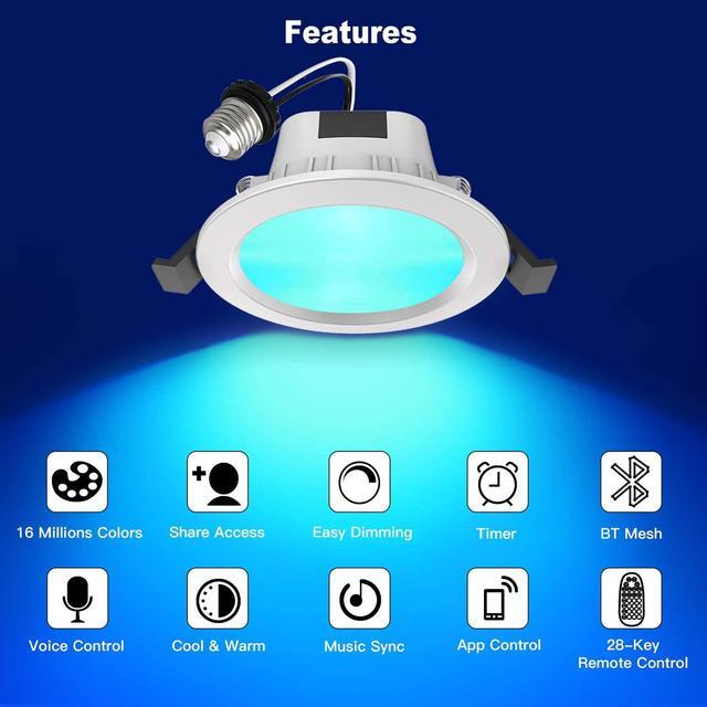 Alt view image 2 of 7 - MagicLight Smart Retrofit 5-6 Inch 15 Watts E26 LED Recessed Can Lights, 5 in 1 RGBCW Dimmable Multicolor Bluetooth Mesh App Control Smart LED Downlight