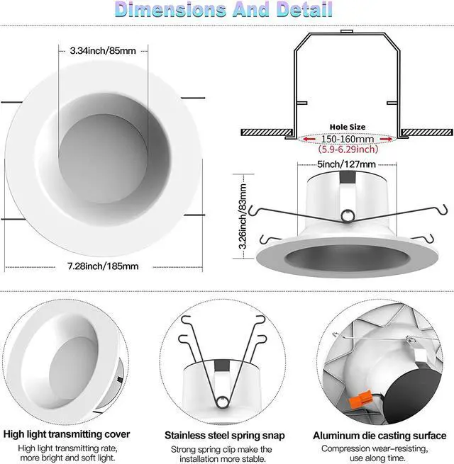 Alt view image 3 of 7 - MagicLight Smart Retrofit LED Recessed Ceiling Light 5/6 Inch, 5in1 RGBCW Dimmable Multicolor 9W E26 Bluetooth Mesh App Control Smart LED Downlight