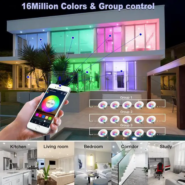 Alt view image 6 of 7 - MagicLight Smart Retrofit LED Recessed Ceiling Light 5/6 Inch, 5in1 RGBCW Dimmable Multicolor 9W E26 Bluetooth Mesh App Control Smart LED Downlight