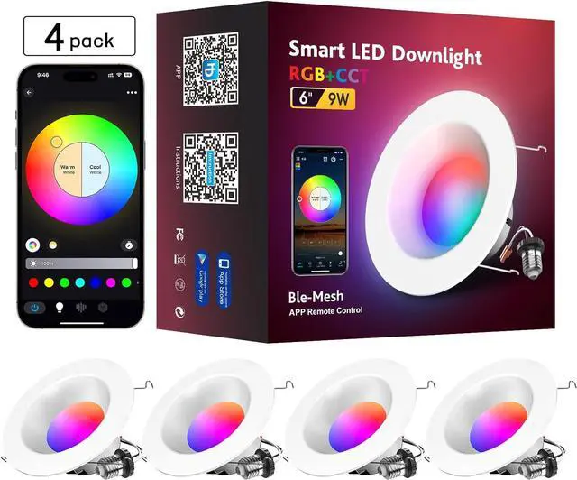 Main image of MagicLight Smart Retrofit LED Recessed Ceiling Light 5/6 Inch, 5in1 RGBCW Dimmable Multicolor 9W E26 Bluetooth Mesh App Control Smart LED Downlight 4-Pack