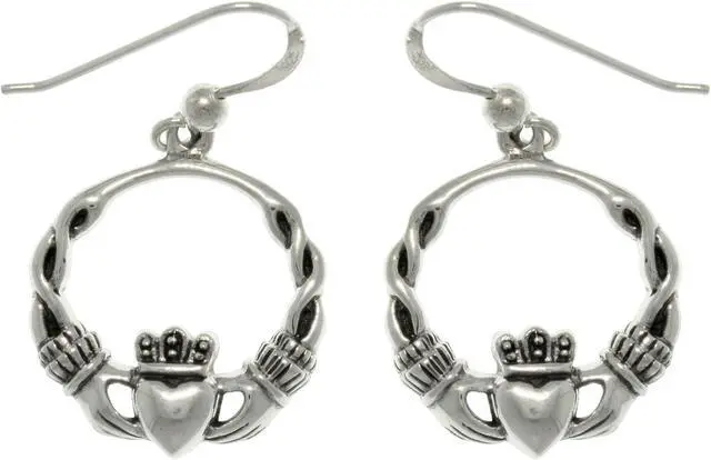 Main image of Jewelry Trends Sterling Silver Celtic Claddagh Heart with Crown Dangle Hoop Earrings
