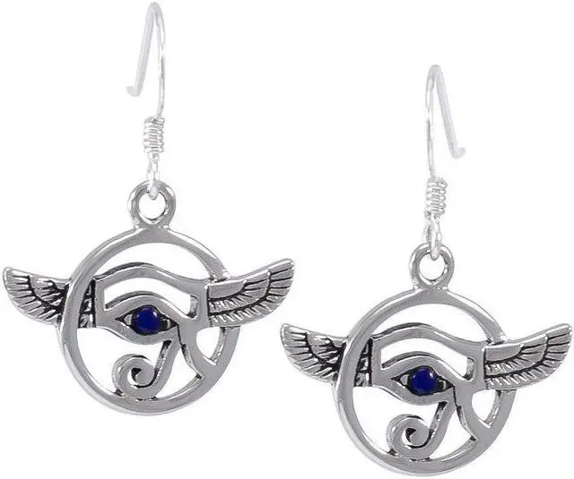 Main image of Jewelry Trends Sterling Silver Winged Udjat Eye Of Horus Dangle Earrings with Synthetic Lapis