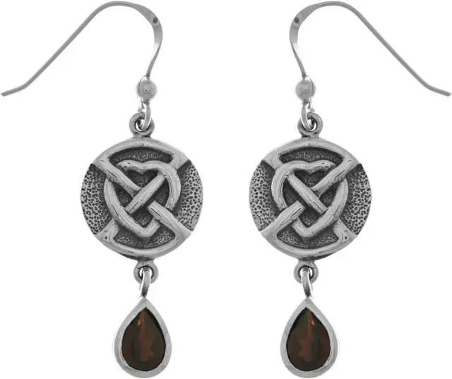 Main image of Jewelry Trends Sterling Silver Celtic Heart Dangle Earrings with Garnet Teardrops Irish Style