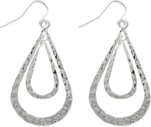 Main image of Jewelry Trends Silvertone Pewter Double Teardrop Long Textured Dangle Earrings