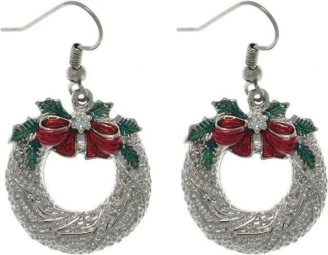 Main image of Jewelry Trends Pewter Christmas Holiday Wreath and Bow Dangle Earrings