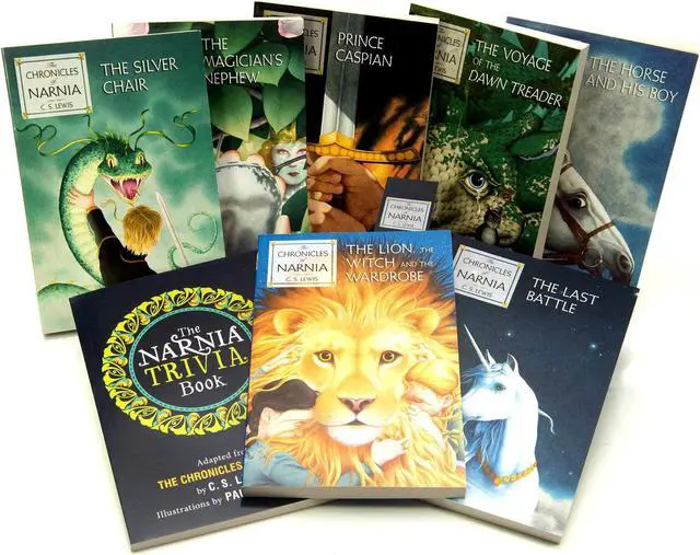 Alt view image 3 of 7 - The Chronicles of Narnia 8 Book Box Set By C.S. Lewis and Trivia Book - The Lion The Witch and the Wardrobe Prince Caspian, The Horse and His Boy, The Last Battle The Magicians Nephew The Silver Chair