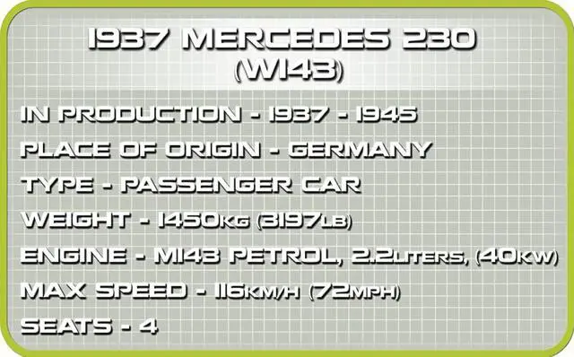 Alt view image 6 of 6 - COBI TOYS World War II 1937 Mercedes-Benz W143 Type 230 Car - Model WW2 Interlocking Building Block Set # 2251