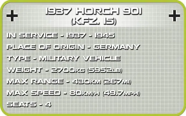 Alt view image 6 of 7 - COBI Historical Collection German 1937 Horch 901 (Kfz.15) Off-Road Car Model Building Block Set #2405