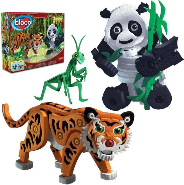 Main image of Bloco Toys Tiger and Panda - Educational STEM Toy - Asian Tiger, Black & White Panda, and Mantis Animals - DIY Modular Building Construction Set (237 Pieces)