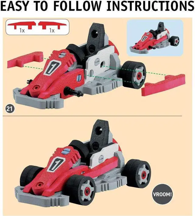 Alt view image 4 of 7 - Bloco Toys 3 in 1  Race Car - Educational STEM Toy - Formula 1, Go Kart & Dragster - DIY Interlocking Foam Building Block Construction Set (200 Pieces)