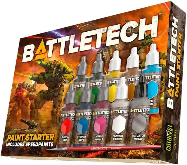 Main image of Battletech: Paint Starter Set For Tabletop Figures | 1 Brush-on Primer | 5 Speedpaints | 1 Metallic Paint | 3 Standard Warpaints | 1 Starter Brush | By Catalyst Game Labs