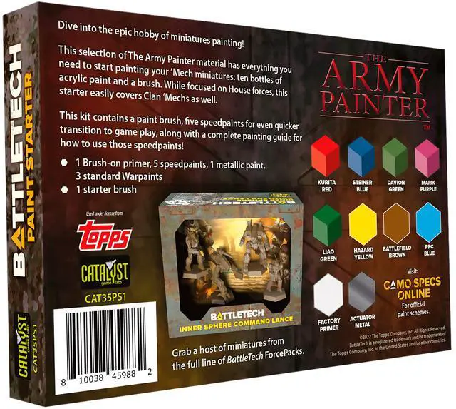 Alt view image 2 of 3 - Battletech: Paint Starter Set For Tabletop Figures | 1 Brush-on Primer | 5 Speedpaints | 1 Metallic Paint | 3 Standard Warpaints | 1 Starter Brush | By Catalyst Game Labs