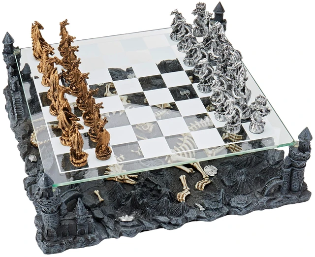 Main image of CHH 3D Dragon Chess Set | Designer Fantasy Themed Board | Pewter Pieces with Poly-Resin Base | Glass Board 13.5" Square | Ideal Feel & Weight | 2 Players | By CHH
