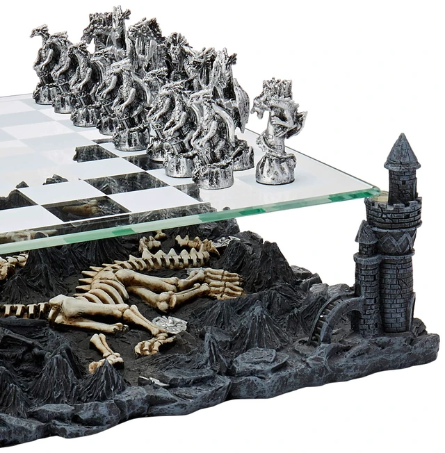 Alt view image 2 of 3 - CHH 3D Dragon Chess Set | Designer Fantasy Themed Board | Pewter Pieces with Poly-Resin Base | Glass Board 13.5" Square | Ideal Feel & Weight | 2 Players | By CHH