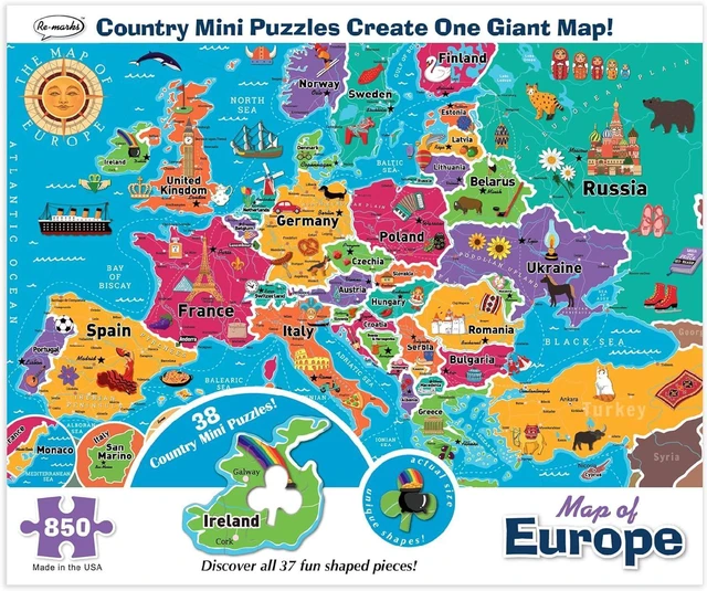 Main image of Re-marks Map of Europe Deluxe Jigsaw Puzzle with Whimsy Pieces 24"x36" All Ages