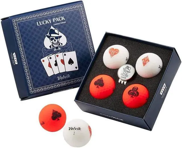 Main image of Volvik Vivid Golf Balls Lucky Pack Poker Edition | Matte Finish White and Red | Limited Edition Poker Set Spades Hearts Clubs Diamonds | 4 Balls With Ball Marker & Magnetic Hat Clip