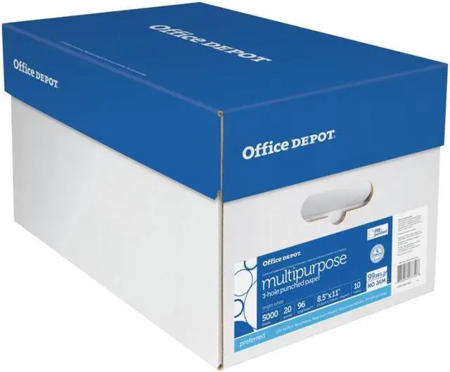Main image of Office Depot® Brand Multipurpose Paper, 3-Hole Punched, Letter Size, 96 Brightness, 20 Lb, 500 Sheets Per Ream, Case Of 10 Reams
