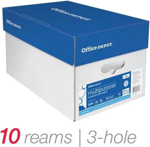 Alt view image 4 of 11 - Office Depot® Brand Multipurpose Paper, 3-Hole Punched, Letter Size, 96 Brightness, 20 Lb, 500 Sheets Per Ream, Case Of 10 Reams