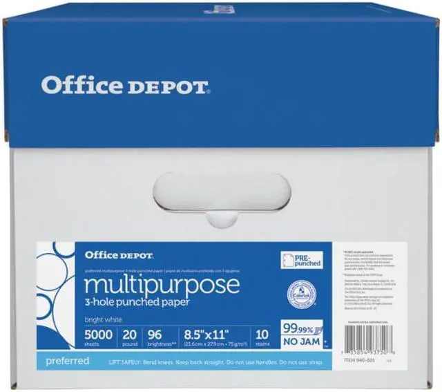 Alt view image 3 of 11 - Office Depot® Brand Multipurpose Paper, 3-Hole Punched, Letter Size, 96 Brightness, 20 Lb, 500 Sheets Per Ream, Case Of 10 Reams