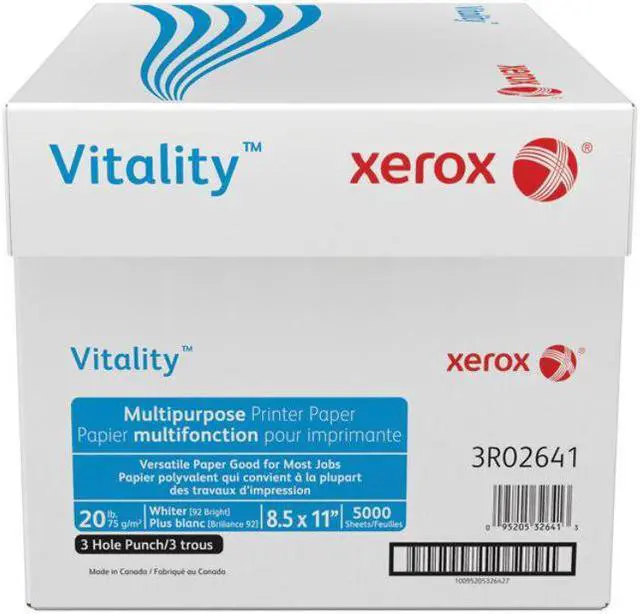 Alt view image 2 of 4 - Xerox 3R02641 Vitality Multipurpose Printer Paper, 8.5 x 11" 3 Hole Punch, 75 GSM, 92 Brightness, 90 Opacity, 20 lb - 1 Carton (5000 Sheets)