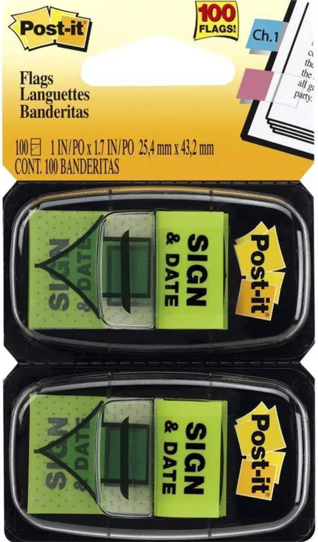 Alt view image 5 of 17 - Post-it Arrow Message 1" Page Flags "Sign and Date" Green 2 50-Flag Dispensers