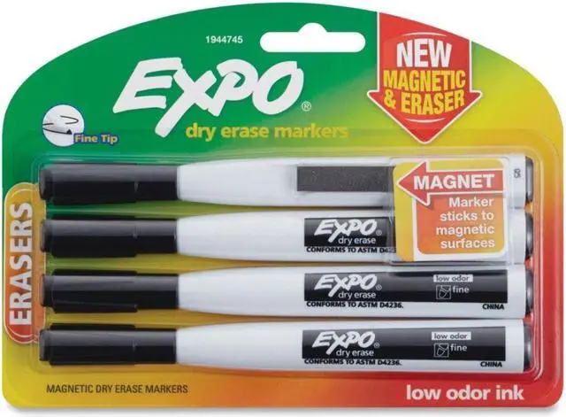 Alt view image 6 of 7 - EXPO® Magnetic Dry Erase Markers With Eraser, Fine Tip, Black Ink, Pack Of 4