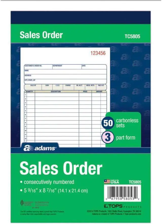 Alt view image 9 of 17 - Adams Carbonless Sales Order Books - 50 Sheet(s) - 3 Part - Carbonless - 8.43" x 5.56" Sheet Size - Assorted - 1Each