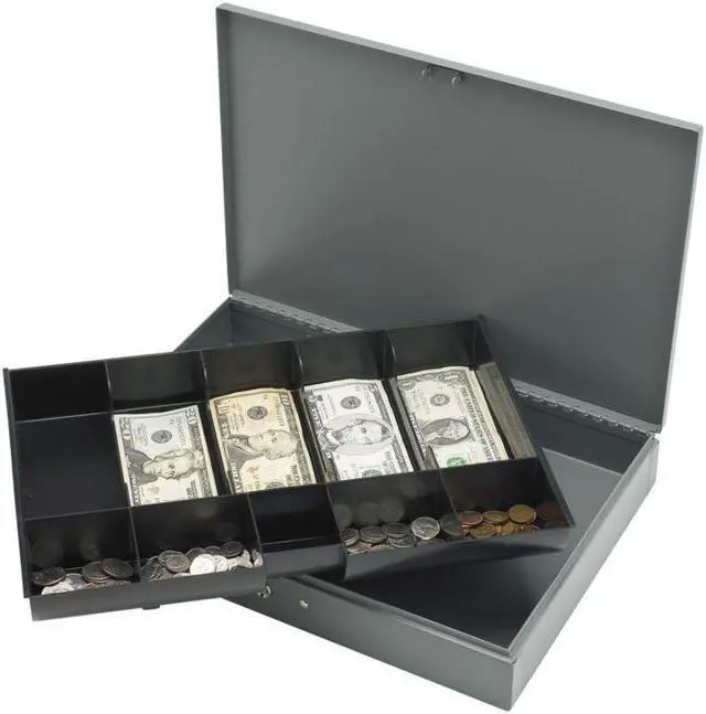 Alt view image 2 of 14 - Sparco Products 15500 Cash Box,w/ 2 Keys,10 Compartments,15-2/5" x 10-1/2" x 2-1/4, GY SPR15500
