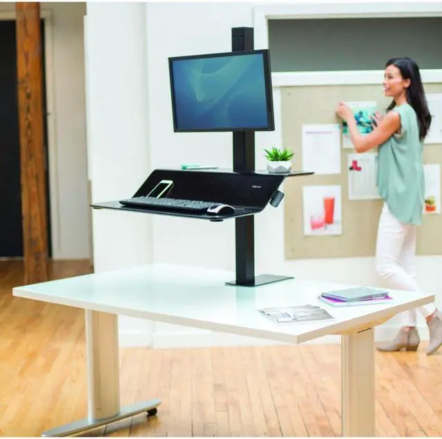 Alt view image 4 of 20 - Fellowes 8080101 Lotus Ve Sit-Stand Workstation - Desk Mount For Lcd Display / Keyboard / Mouse - Wood Veneer - Black Ash