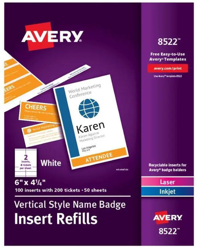 Main image of Avery® Vertical Name Badge Inserts, 6" x 4 1/4", White, Box Of 100 Inserts