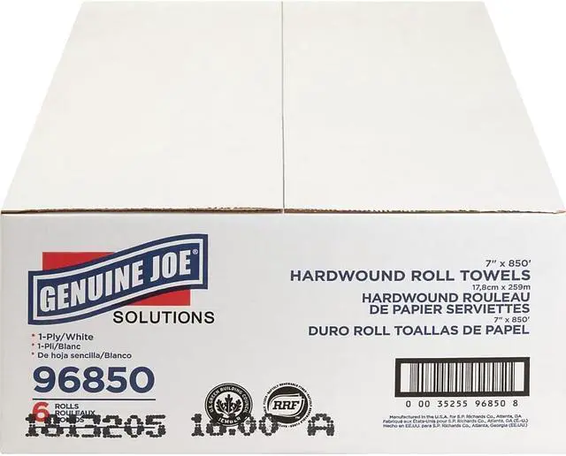 Alt view image 6 of 18 - Genuine Joe Hard Wound Roll Towel 1-Ply 7"x850' 6RL/CT White 96850