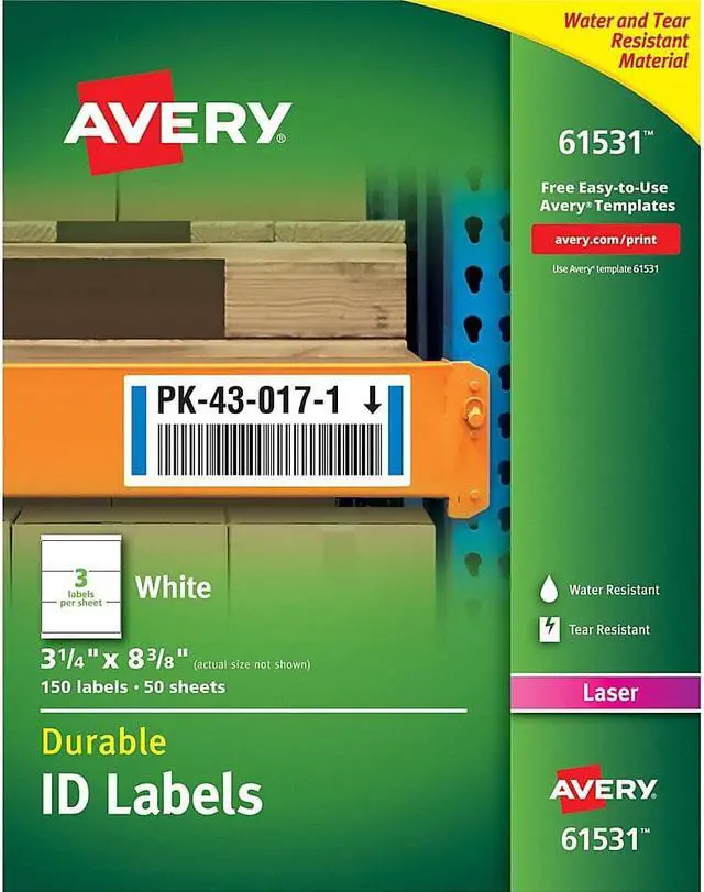 Alt view image 4 of 20 - Avery Durable ID Labels, TrueBlock Technology, Permanent Adhesive, 3-1/4" x 8-3/8", 150 Labels (61531)