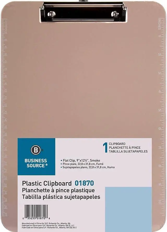 Alt view image 9 of 14 - Business Source Clipboard Plastic w/Flat Clip 9"x12" Smoke 01870