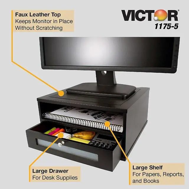 Alt view image 5 of 16 - Victor Wood and Metal Desktop Monitor Stand 13 x 13 x 6 1/2 Black 11755