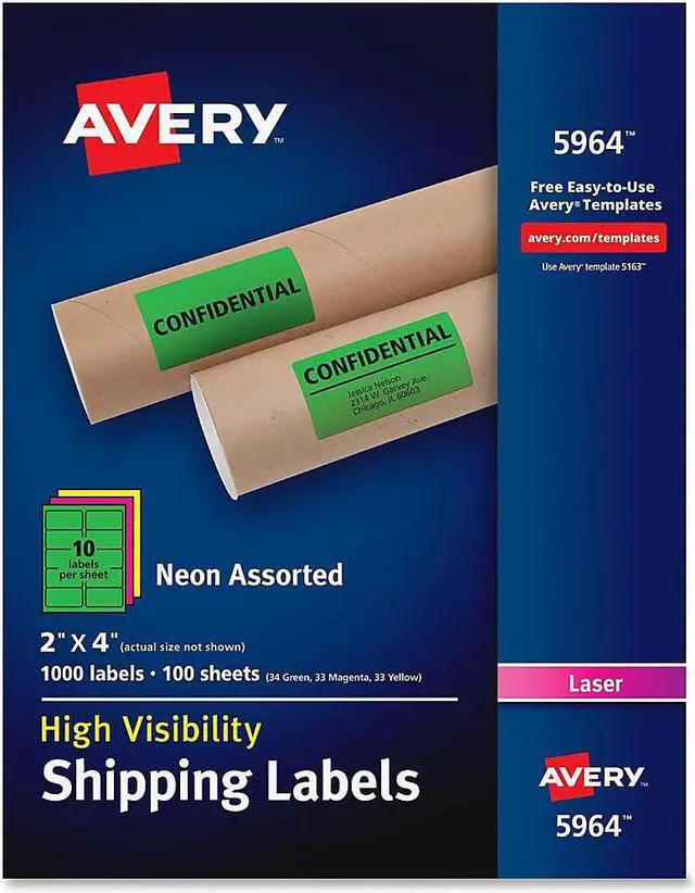 Alt view image 5 of 13 - Avery Neon Shipping Label Laser 2 x 4 Neon Assorted 1000/Box 5964