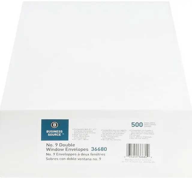 Alt view image 7 of 12 - Business Source Double Window Envelopes No. 9 3-7/8"x8-7/8" 500/BX White 36680
