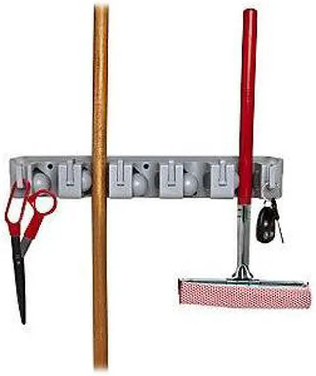Alt view image 5 of 13 - Genuine Joe Wall Rack Holds 5 Brooms/Tools 6-Hooks f/Hanging Gray 12504